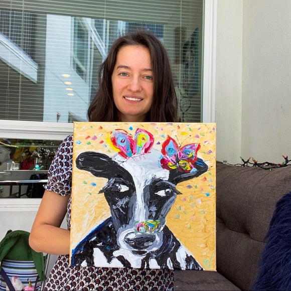 Cow Wall Art Butterflies Painting Original Canvas - Picture 6 of 13